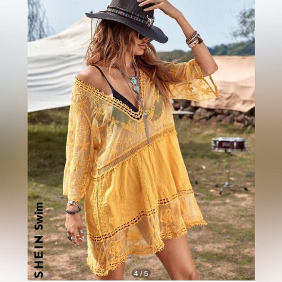SHEIN festival vibes mesh lace coverup embroidered one size - Picture 1 of 14